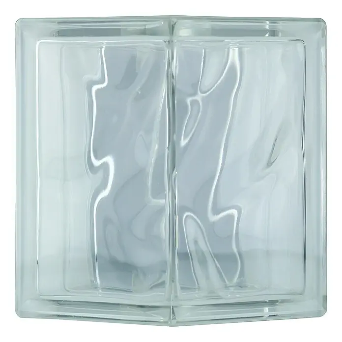 Fuchs Design Glasbaustein Eckstein - Klar, Wolke, 19 x 13,2 x 8 cm - Das Bild zeigt einen dekorativen Glasbaustein mit einem wellenförmigen Muster. Er ist klar und hat eine quadratische Form.