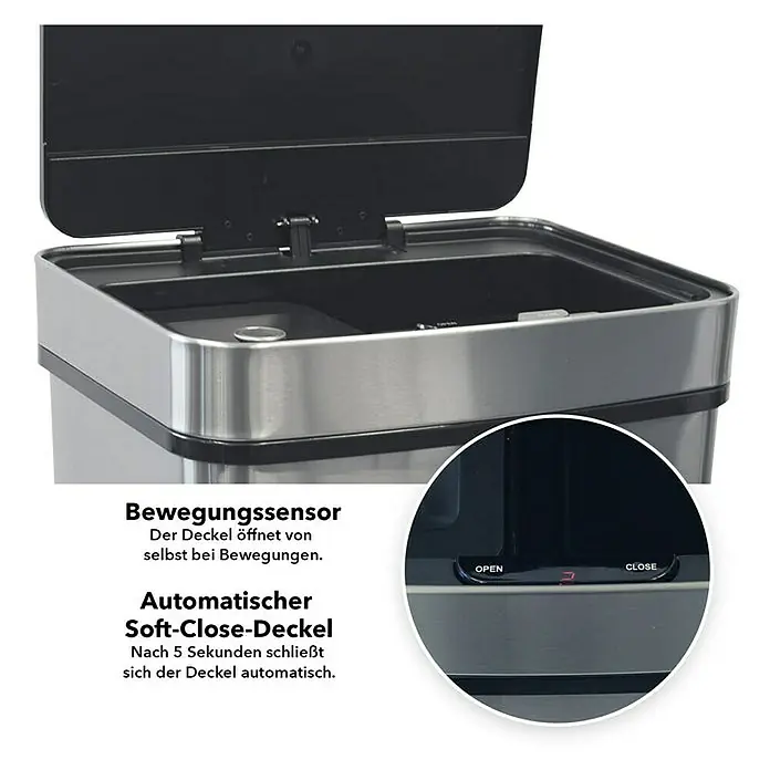 Floordirekt Sensormülleimer Dirk mit Bewegungssensor 62 L - 62 l, Edelstahl, Silber - Detailansicht eines intelligenten Mülleimers aus Edelstahl mit Sensoröffnung und Soft-Close-Deckel für hygienische Abfallentsorgung.
