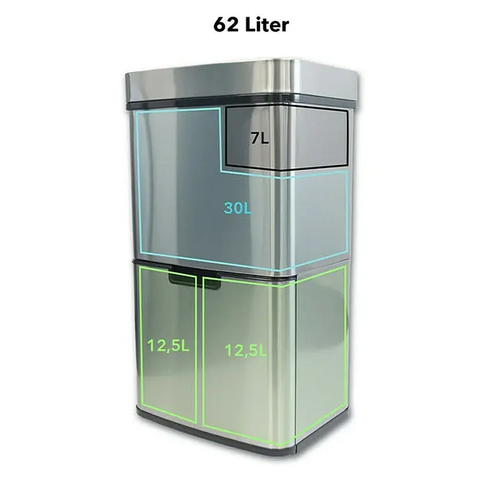 Floordirekt Sensormülleimer Dirk mit Bewegungssensor 62 L - 62 l, Edelstahl, Silber - Bild eines 62-Liter-Abfalleimers aus Edelstahl mit separaten Fächern für verschiedene Abfallarten zur einfachen Abfalltrennung.