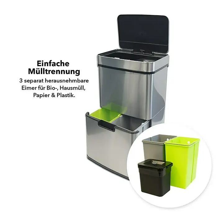 Floordirekt Sensormülleimer Dirk mit Bewegungssensor 62 L - 62 l, Edelstahl, Silber - Mülleimer mit drei Fächern zur Mülltrennung von Bio-, Hausmüll, Papier und Plastik. Die Fächer sind herausnehmbar.