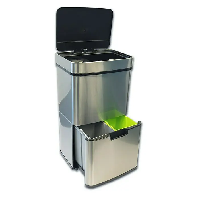 Floordirekt Sensormülleimer Dirk mit Bewegungssensor 62 L - 62 l, Edelstahl, Silber - Ein moderner, silberfarbener Abfalltrenner mit zwei Fächern und einem schwarzen Deckel, ideal für die Mülltrennung in der Küche.