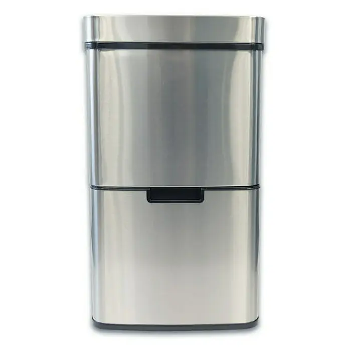 Floordirekt Sensormülleimer Dirk mit Bewegungssensor 62 L - 62 l, Edelstahl, Silber - Ein eleganter, rechteckiger Edelstahl-Abfalleimer mit schwarzem Akzentband und Griff für moderne Küchen.