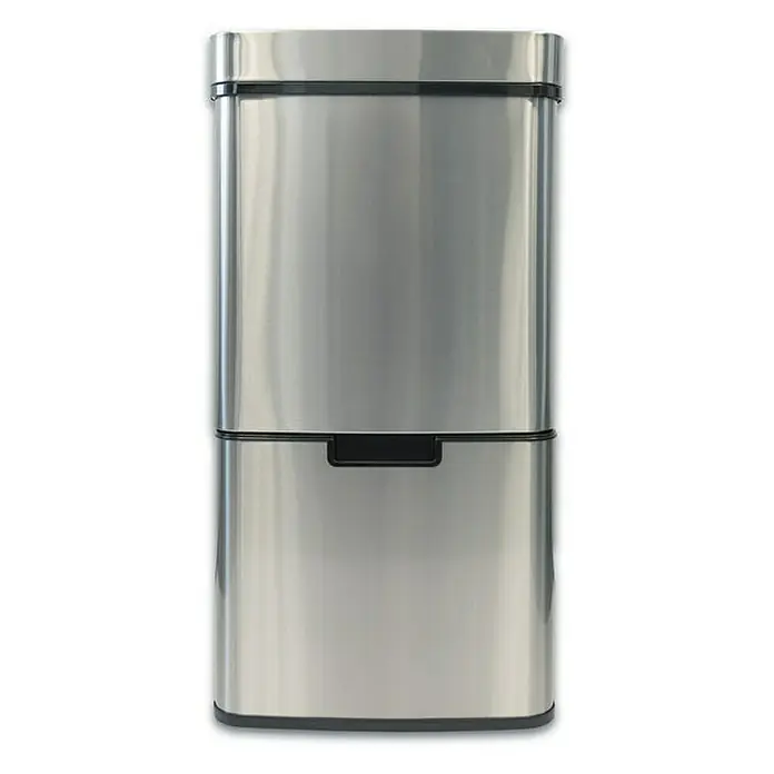 Floordirekt Sensormülleimer Dirk mit Bewegungssensor 72 L - 72 l, Edelstahl, Silber - Ein schlanker, moderner Edelstahl-Mülleimer mit zwei Fächern und einem dezenten schwarzen Griff am unteren Fach.
