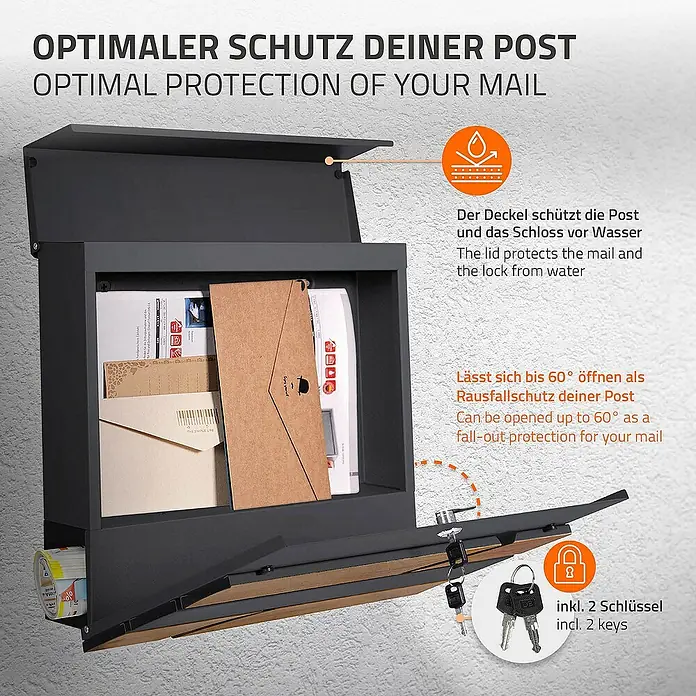 ML-Design Wandbriefkasten Stahl Mailbox mit Zeitungsrolle Wand/Ständer Montage - L x B x H: 37 x 11 x 36,5 cm, Anthrazit, Braun, Stahl, Zeitungsfach - Bild einer abschließbaren, schwarzen Briefkasten mit Wetterschutzdach.