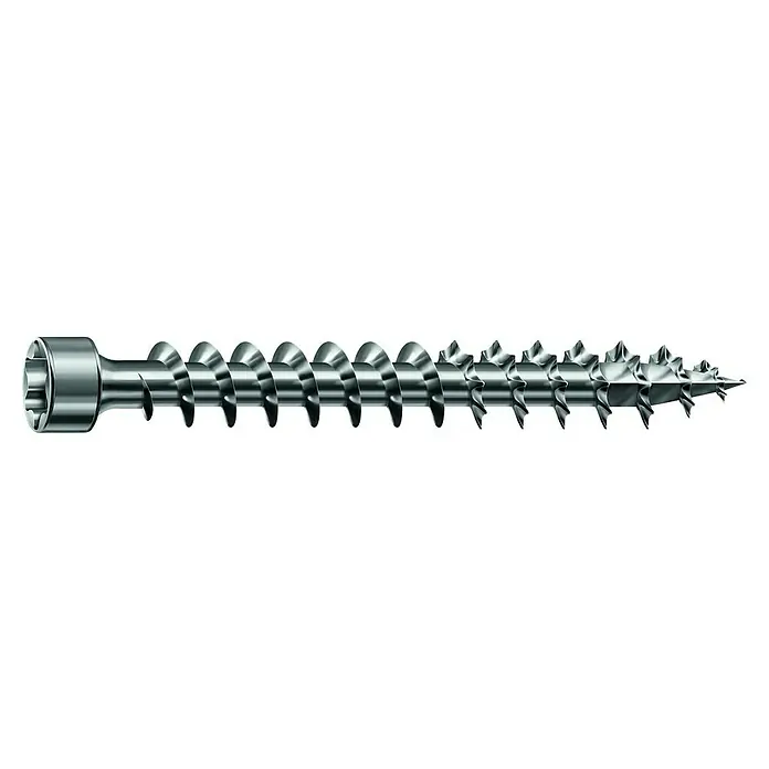 Spax Holzbauschraube IN.FORCE - Ø x L: 6 x 100 mm, WIROX Oberfläche, T-Star plus, 30 Stk. - Nahaufnahme einer langen, silberfarbenen Holzschraube mit einem Bohrkopf und einer Senkkopfaufnahme für hohe Präzision.