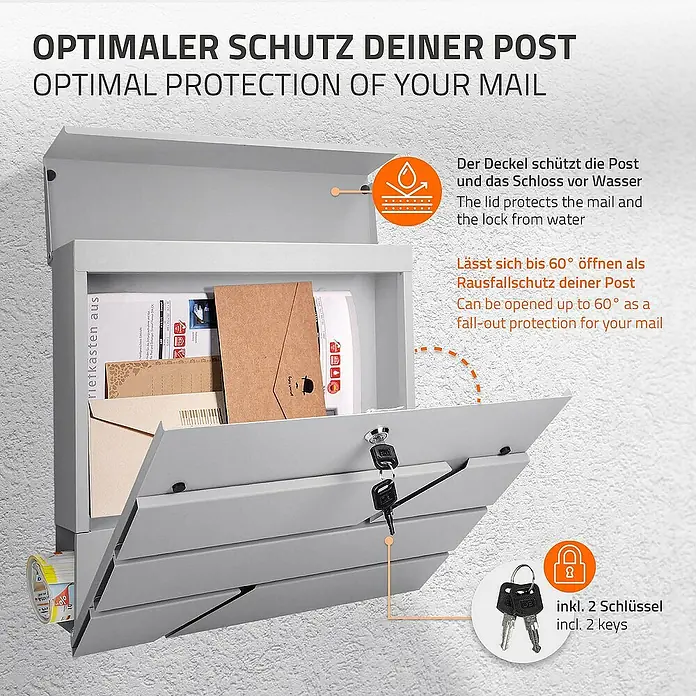 ML-Design Wandbriefkasten Standbriefkasten mit Zeitungsfach inkl. 2 Schlüssel Stahl - L x B x H: 11 x 37 x 37 cm, Hellgrau, Edelstahl, Zeitungsfach - Bild einer grauen Briefkasten mit Post und zwei Schlüsseln, der sich bis zu 60° öffnen lässt, um die Post vor Herausfallen zu schützen.