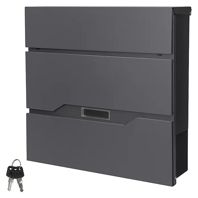 ML-Design Wandbriefkasten Standbriefkasten mit Zeitungsfach inkl. 2 Schlüssel Stahl - L x B x H: 11 x 37 x 36,5 cm, Anthrazit, Edelstahl, Zeitungsfach - Bild einer modernen, grauen Briefkastenanlage mit drei Fächern und zwei Schlüsseln. Die Anlage ist schlicht und funktional.