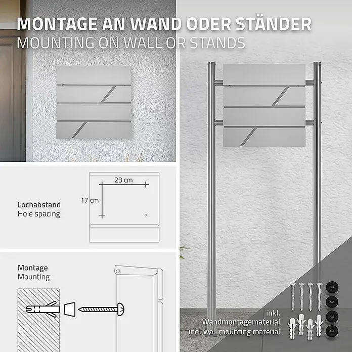 ML-Design Wandbriefkasten Standbriefkasten mit Zeitungsfach inkl. 2 Schlüssel Stahl - L x B x H: 11 x 37 x 37 cm, Hellgrau, Edelstahl, Zeitungsfach - Montageanleitung für einen Briefkasten zur Wandmontage oder mit Ständer, inklusive Maße und Wandmontagematerial.