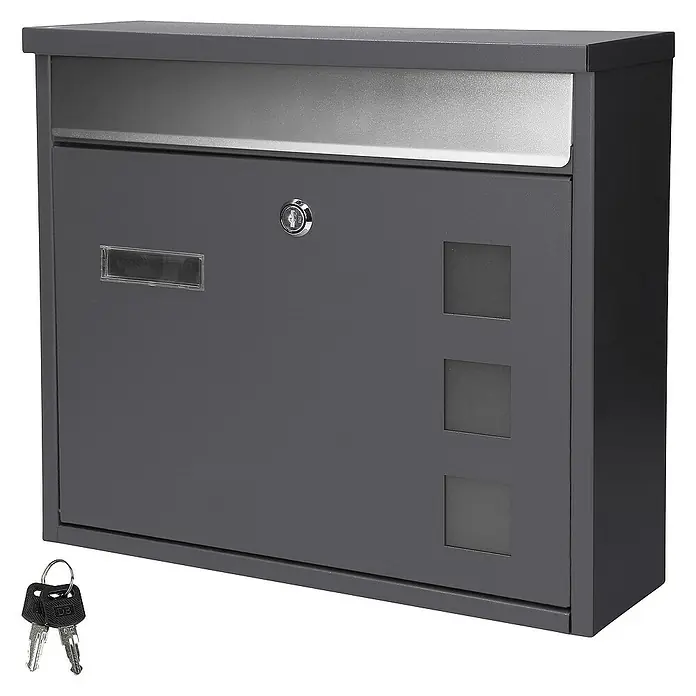 ML-Design Wandbriefkasten Standbriefkasten inkl. 2 Schlüssel Stahl - L x B x H: 11,5 x 36 x 31,5 cm, Anthrazit, Edelstahl, Zeitungsfach - Ein grauer Briefkasten mit Schloss und Schlüssel, ideal für den Empfang von Postsendungen und Korrespondenz.
