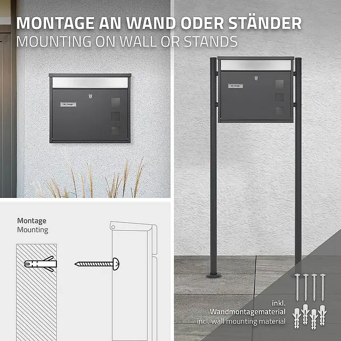 ML-Design Wandbriefkasten Standbriefkasten inkl. 2 Schlüssel Stahl - L x B x H: 11,5 x 36 x 31,5 cm, Anthrazit, Edelstahl, Zeitungsfach - Das Bild zeigt einen modernen Briefkasten zur Wandmontage oder zur Anbringung an einem Ständer, inklusive Montagematerial.