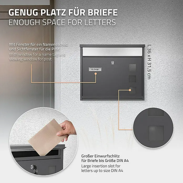 ML-Design Wandbriefkasten Standbriefkasten inkl. 2 Schlüssel Stahl - L x B x H: 11,5 x 36 x 31,5 cm, Anthrazit, Edelstahl, Zeitungsfach - Produktbild eines Briefkastens mit viel Platz für Briefe und großem Einwurfschlitz.