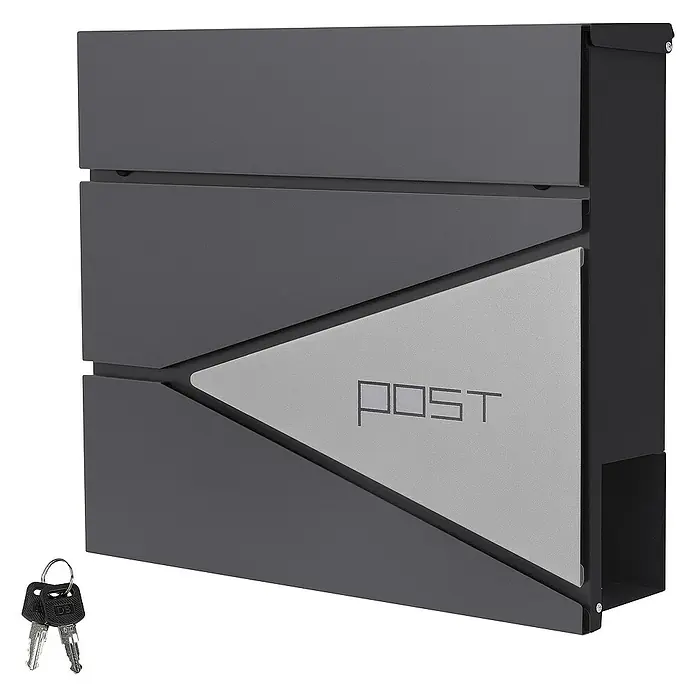 ML-Design Wandbriefkasten Mailbox mit Zeitungsrolle für Wandmontage - L x B x H: 11 x 37 x 37 cm, Anthrazit, Silber, Edelstahl, Zeitungsfach - Grauer Wandbriefkasten mit 'POST'-Design und Schlüsseln.