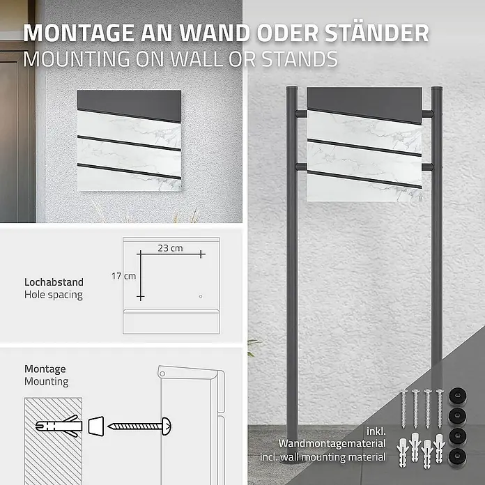 ML-Design Wandbriefkasten Mailbox mit Zeitungsrolle für Wandmontage - L x B x H: 37 x 11 x 36,5 cm, Anthrazit, Hellgrau, Stahl, Zeitungsfach - Bild mit Details zur Montage des Briefkastens an Wand oder Ständer, inklusive Maße und Montagezubehör.
