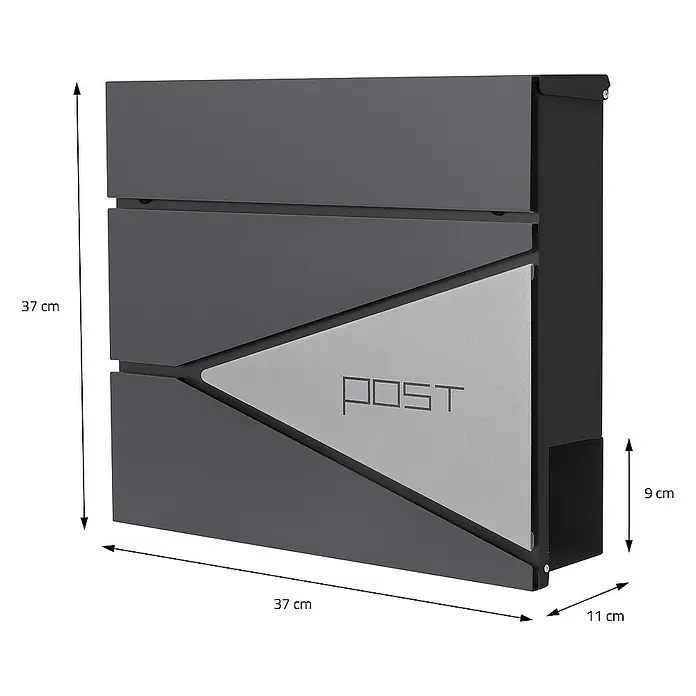 ML-Design Wandbriefkasten Mailbox mit Zeitungsrolle für Wandmontage - L x B x H: 11 x 37 x 37 cm, Anthrazit, Silber, Edelstahl, Zeitungsfach - Das Bild zeigt einen modernen, anthrazitfarbenen Briefkasten mit einem dreieckigen Designelement und der Aufschrift "POST".