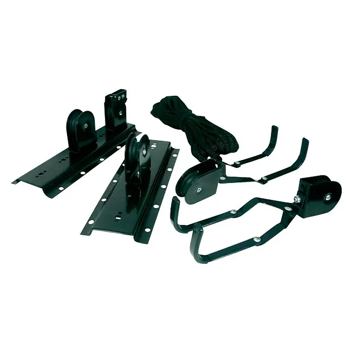 Fahrrad-Deckenlift - 19 x 26 x 10 cm, Belastbarkeit: 20 kg, Hubhöhe: 4 m - Das Bild zeigt einen Fahrradlift zur Deckenmontage. Das Set enthält Haken, Seilzüge und Befestigungsmaterial für die sichere Aufbewahrung.