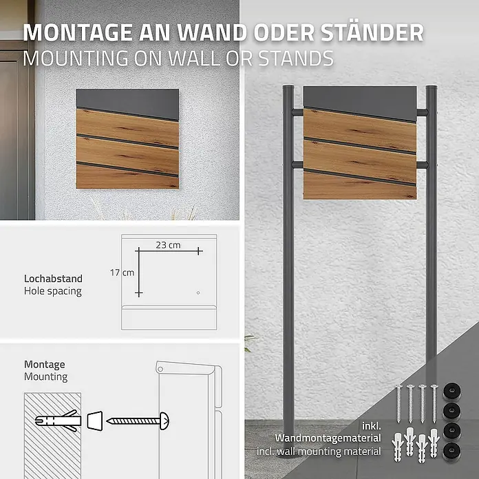ML-Design Wandbriefkasten Mailbox mit Zeitungsrolle für Wandmontage - L x B x H: 11 x 37 x 36,5 cm, Anthrazit, Braun, Stahl, Zeitungsfach - Produktbild einer modernen Briefkastenanlage zur Wand- oder Standmontage mit Maßangaben und Montagehinweisen.