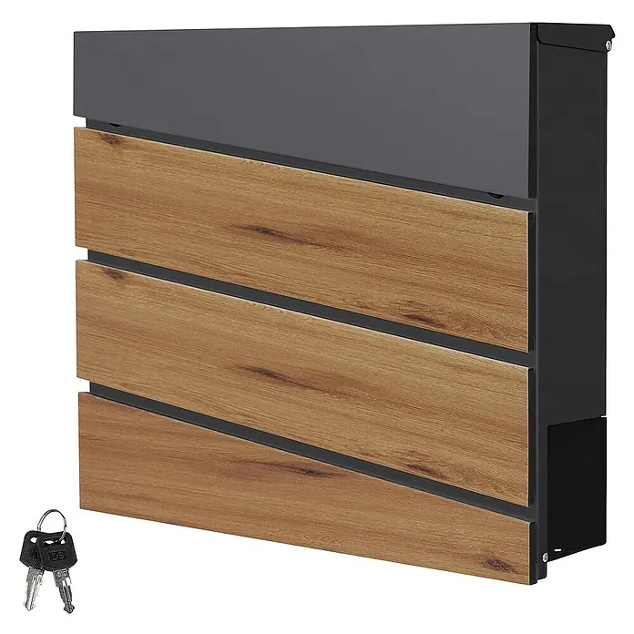 ML-Design Wandbriefkasten Mailbox mit Zeitungsrolle für Wandmontage - L x B x H: 11 x 37 x 36,5 cm, Anthrazit, Braun, Stahl, Zeitungsfach - Elegantes Briefkastendesign mit Holzverkleidung und Schlüsseln für sicheren Postempfang.