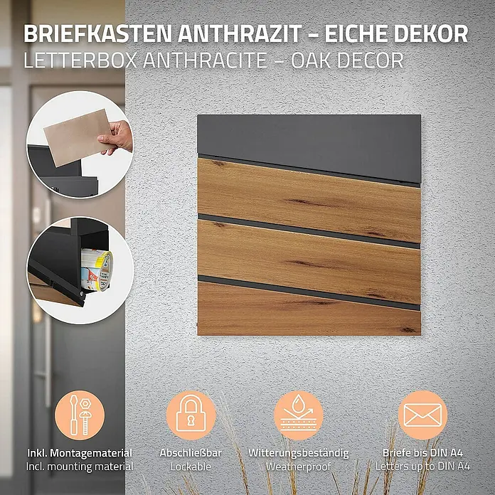 ML-Design Wandbriefkasten Mailbox mit Zeitungsrolle für Wandmontage - L x B x H: 11 x 37 x 36,5 cm, Anthrazit, Braun, Stahl, Zeitungsfach - Ein anthrazitfarbener Briefkasten mit Eichendekor, inklusive Montagematerial und abschließbar, wetterbeständig für Briefe bis DIN A4.