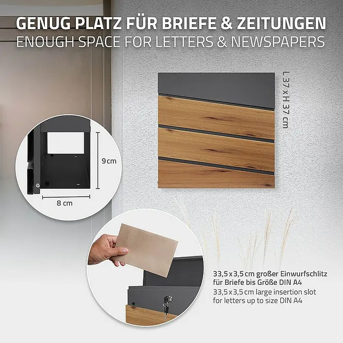 ML-Design Wandbriefkasten Mailbox mit Zeitungsrolle für Wandmontage - L x B x H: 11 x 37 x 36,5 cm, Anthrazit, Braun, Stahl, Zeitungsfach - Abbildung eines Briefkastens mit den Maßen 37 x 37 cm und einem Einwurfschlitz von 33,5 x 3,5 cm für Briefe bis Größe DIN A4.