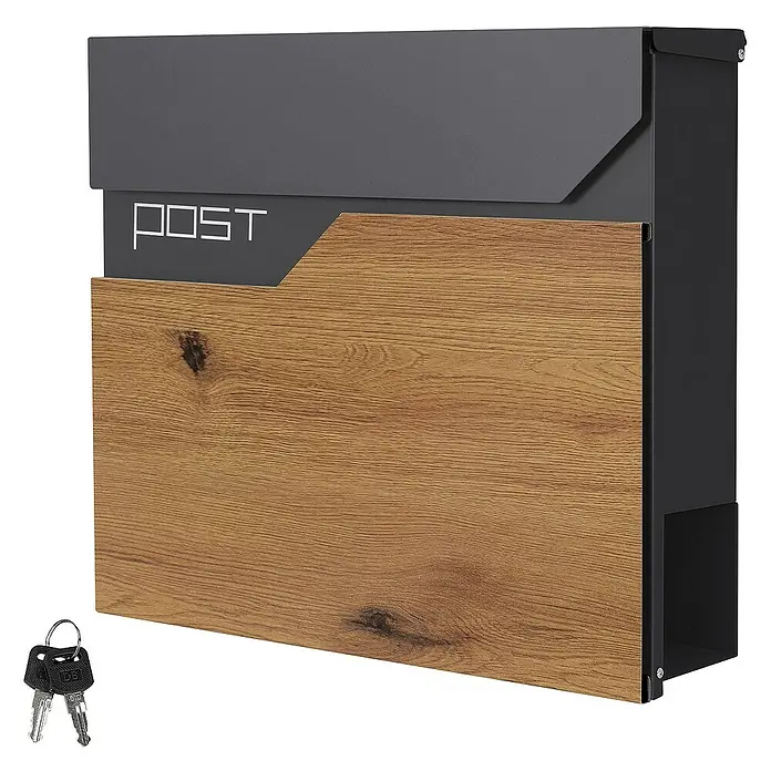 ML-Design Wandbriefkasten Mailbox mit Zeitungsrolle für Wandmontage - L x B x H: 11 x 37 x 37 cm, Anthrazit, Braun, Edelstahl, Zeitungsfach - Moderner Briefkasten mit Holzfront und Schlüssel. Robuster Briefkasten für den Außenbereich.