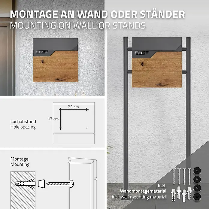 ML-Design Wandbriefkasten Mailbox mit Zeitungsrolle für Wandmontage - L x B x H: 11 x 37 x 37 cm, Anthrazit, Braun, Edelstahl, Zeitungsfach - Darstellung eines Briefkastens mit Montageanleitung und Zubehör für Wand oder Ständer.