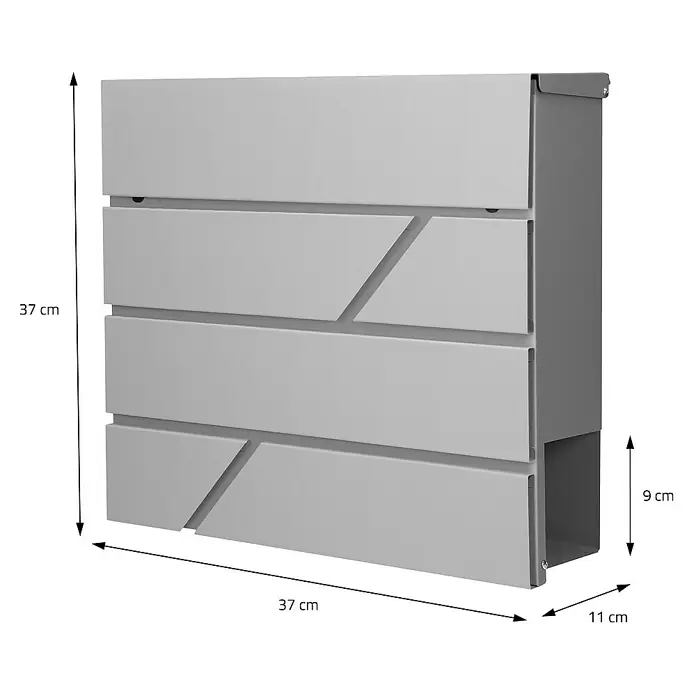 ML-Design Standbriefkasten Briefkastenanlage mit Ständer Silber 120cm Mailbox mit Pfosten - L x B x H: 17 x 42,5 x 120 cm, Hellgrau, Silber, Edelstahl - Abbildung eines modernen, grauen Briefkastens mit geometrischen Mustern und Maßangaben.