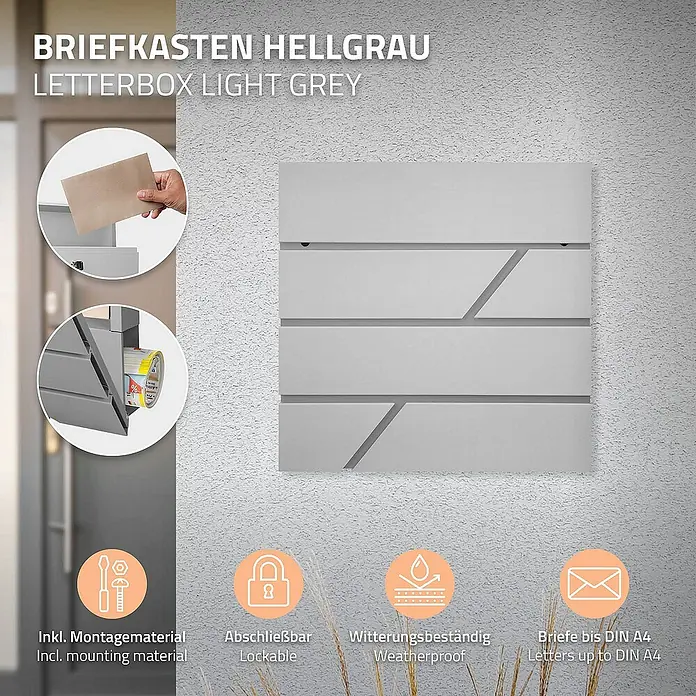 ML-Design Standbriefkasten Briefkastenanlage mit Ständer Silber 120cm Mailbox mit Pfosten - L x B x H: 17 x 42,5 x 120 cm, Hellgrau, Silber, Edelstahl - Ein hellgrauer Briefkasten mit horizontalen Linien und Montagezubehör für Briefe bis DIN A4. Abschließbar und wetterfest.