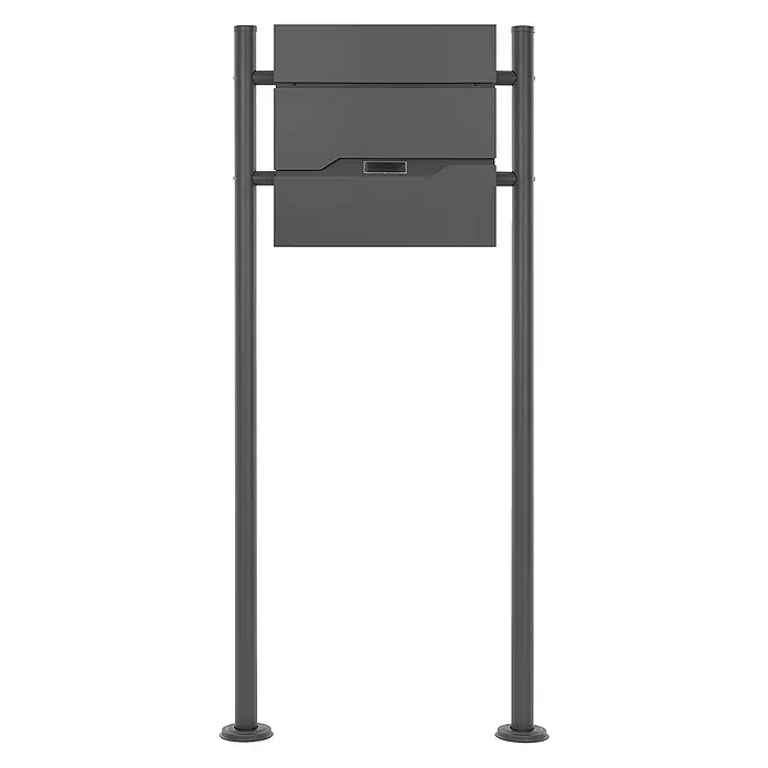 ML-Design Standbriefkasten Briefkastenanlage mit Ständer Anthrazit 120cm Mailbox mit Pfosten - L x B x H: 17,5 x 55 x 120 cm, Anthrazit, Edelstahl - Das Bild zeigt einen modernen, anthrazitfarbenen Briefkasten mit zwei separaten Fächern, der auf zwei stabilen Metallpfosten montiert ist.