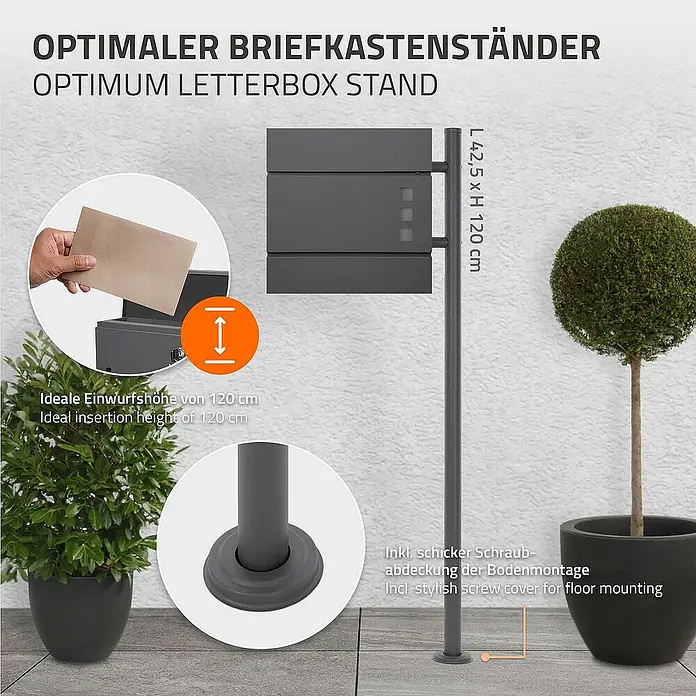 ML-Design Standbriefkasten Anthrazit rund Höhe 120 cm Freistehend Halterung für Briefkasten - L x B x H: 9 x 42,5 x 120 cm, Anthrazit, Edelstahl - Produktbild eines anthrazitfarbenen Briefkastenständers mit den Maßen 42,5 x 120 cm, inklusive einer schicken Schraubenabdeckung für die Bodenmontage.