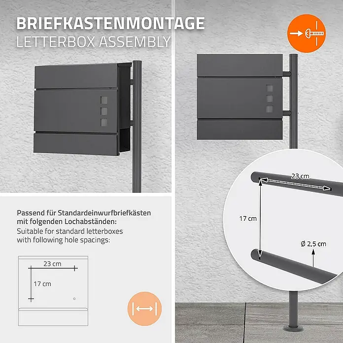 ML-Design Standbriefkasten Anthrazit rund Höhe 120 cm Freistehend Halterung für Briefkasten - L x B x H: 9 x 42,5 x 120 cm, Anthrazit, Edelstahl - Abbildung einer Briefkastenmontage, die für Standardbriefkästen mit bestimmten Lochabständen geeignet ist, einschließlich Maßangaben.