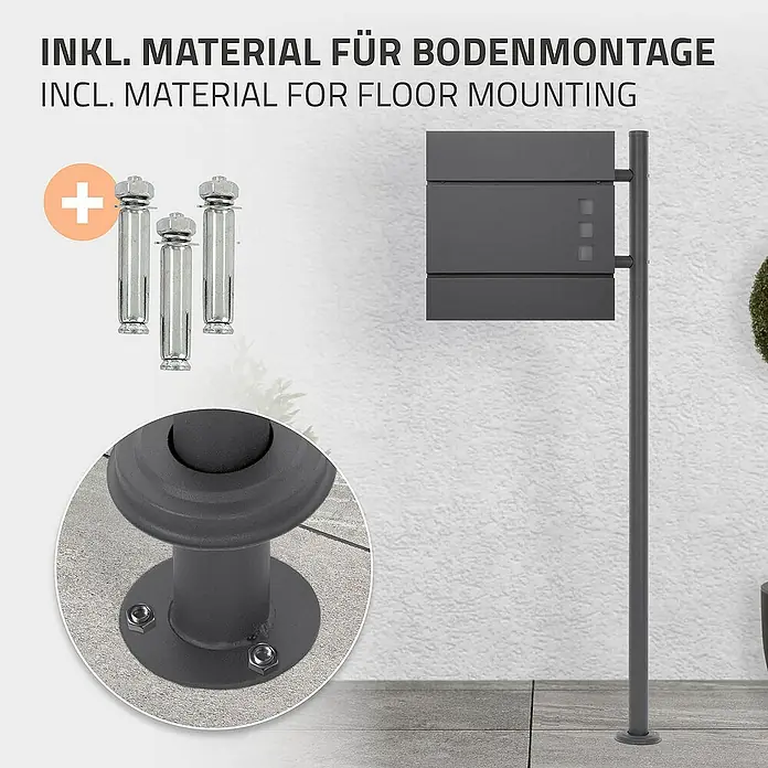 ML-Design Standbriefkasten Anthrazit rund Höhe 120 cm Freistehend Halterung für Briefkasten - L x B x H: 9 x 42,5 x 120 cm, Anthrazit, Edelstahl - Produktbild einer Briefkastenanlage mit Bodenmontagematerial. Inklusive Befestigungsmaterial für die einfache Installation.
