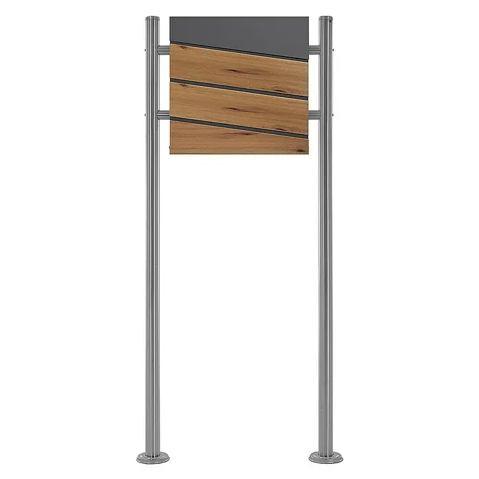 ML-Design Standbriefkasten Briefkastenanlage mit Ständer Silber 120cm Mailbox mit Pfosten - L x B x H: 17,5 x 55 x 120 cm, Anthrazit, Braun, Edelstahl - Ein eleganter Briefkasten mit Holzverkleidung und grauem Deckel, gehalten von zwei silbernen Ständern. Stilvoll und funktional für den Eingangsbereich.