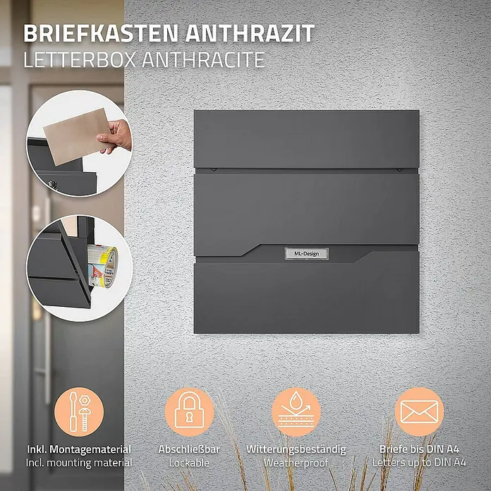ML-Design Standbriefkasten Briefkastenanlage mit Ständer Silber 120cm Mailbox mit Pfosten - L x B x H: 17,5 x 55 x 120 cm, Anthrazit, Silber, Edelstahl - Anthrazitfarbener Briefkasten mit Montagezubehör, abschließbar, wetterfest und geeignet für Briefe bis DIN A4.