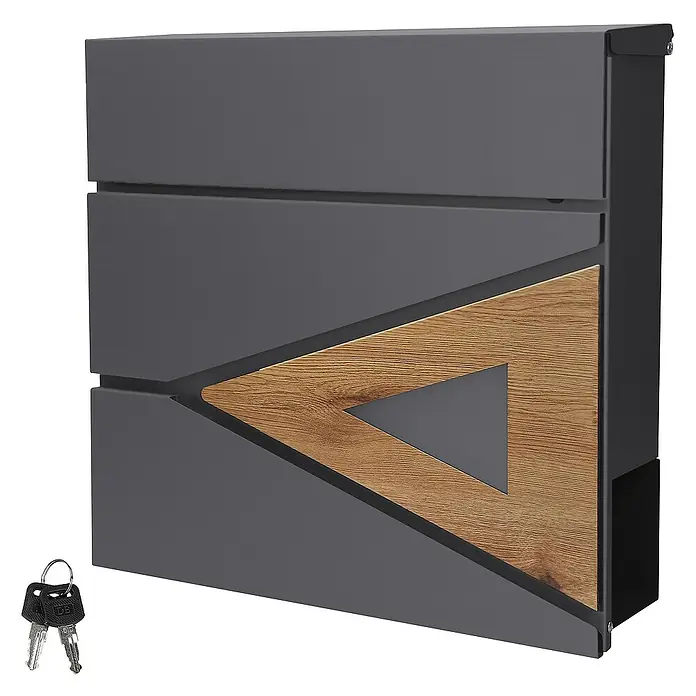 ML-Design Wandbriefkasten Mailbox mit Zeitungsrolle für Wandmontage - L x B x H: 11 x 37 x 36,5 cm, Anthrazit, Braun, Stahl, Zeitungsfach - Moderner, grauer Briefkasten mit Holzdetail und Schlüsseln. Praktisch und stilvoll für den Eingangsbereich.