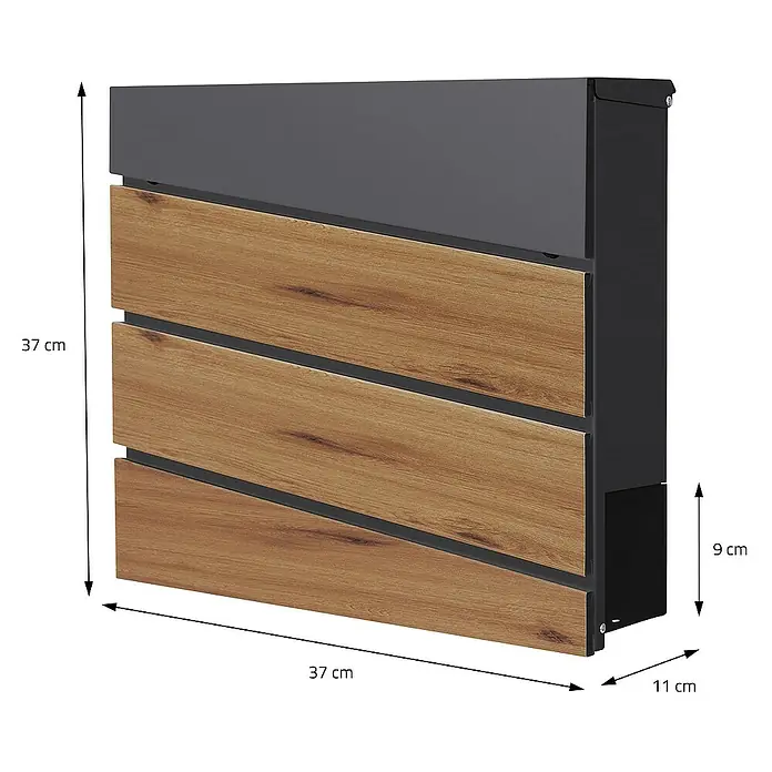 ML-Design Standbriefkasten Briefkastenanlage mit Ständer Anthrazit 120cm Mailbox mit Pfosten - L x B x H: 17,5 x 55 x 120 cm, Anthrazit, Braun, Edelstahl - Bild einer modernen anthrazitfarbenen Briefkastenanlage mit drei Holzfächern.