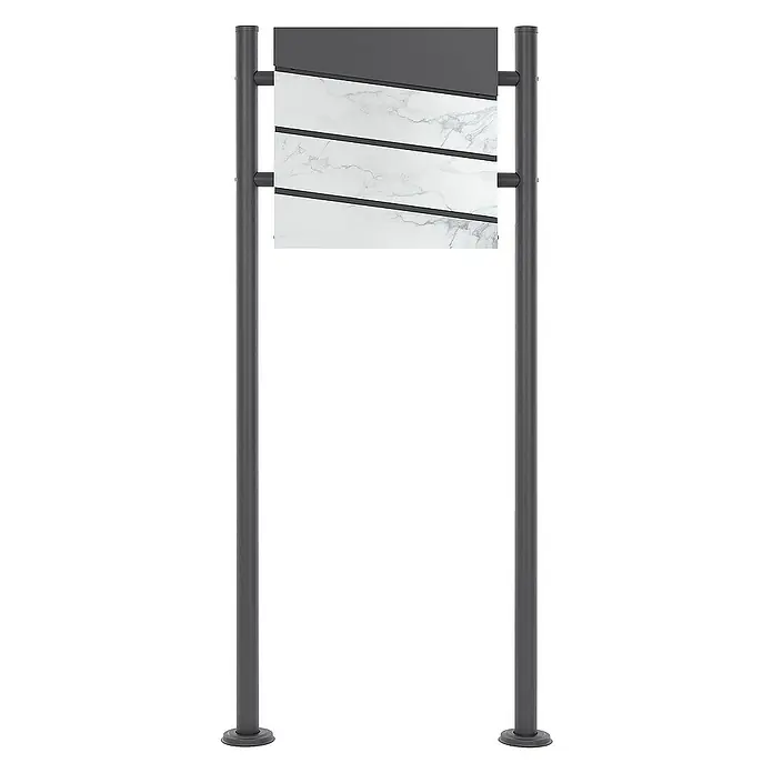 ML-Design Standbriefkasten - L x B x H: 17,5 x 55 x 120 cm, Anthrazit, Weiß, Edelstahl - Produktansicht eines modernen Straßenschilds mit Marmorplatte, gehalten von zwei anthrazitfarbenen Stützen. Elegantes Design für den Außenbereich.