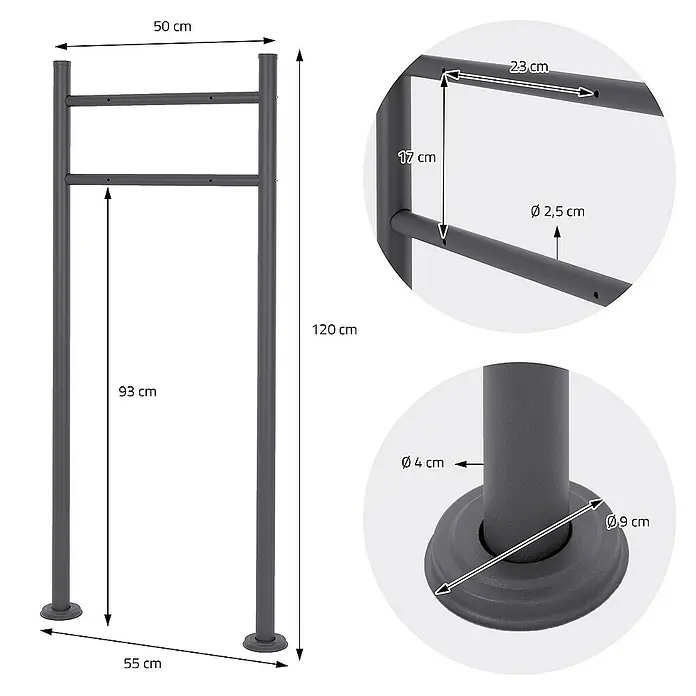 ML-Design Standbriefkasten - L x B x H: 17,5 x 55 x 120 cm, Anthrazit, Weiß, Edelstahl - Detailaufnahme eines freistehenden Handtuchhalters mit Maßangaben zu Höhe, Breite und Durchmesser der Stangen und Füße.