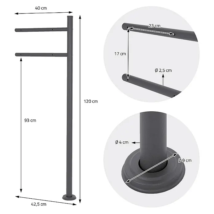 ML-Design Standbriefkasten Briefkastenanlage mit Ständer Anthrazit 120cm Mailbox mit Pfosten - L x B x H: 11 x 37 x 120 cm, Anthrazit, Braun, Edelstahl - Eine detaillierte Ansicht eines freistehenden Handtuchhalters mit Maßangaben zu Höhe, Breite und Durchmesser der einzelnen Elemente.