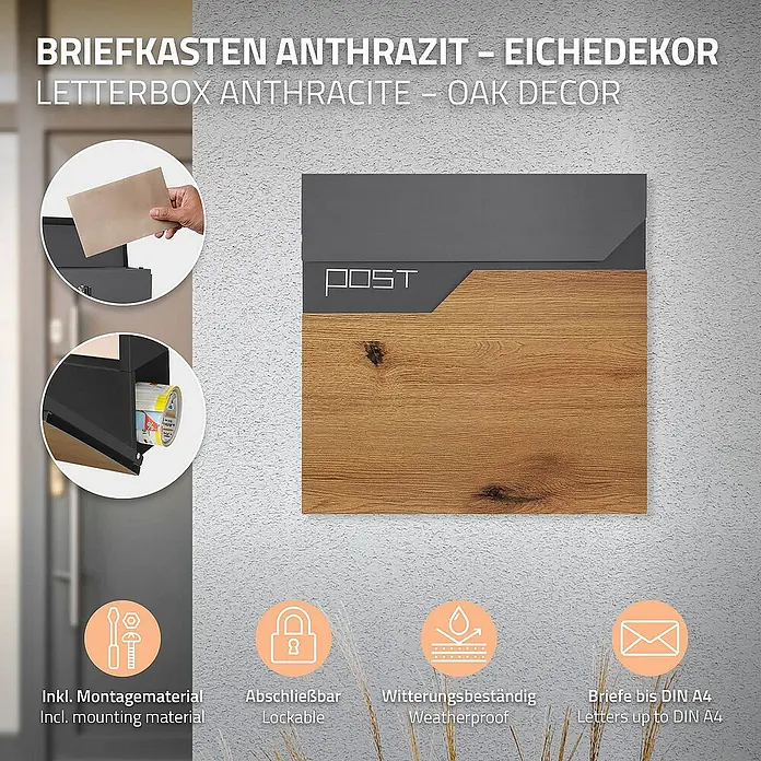 ML-Design Standbriefkasten Briefkastenanlage mit Ständer Silber 120cm Mailbox mit Pfosten - L x B x H: 18 x 42,5 x 120 cm, Anthrazit, Braun, Silber, Edelstahl - Das Bild zeigt einen anthrazitfarbenen Briefkasten mit Eichedekor, der wetterfest, abschließbar ist und Briefe bis DIN A4 aufnehmen kann.