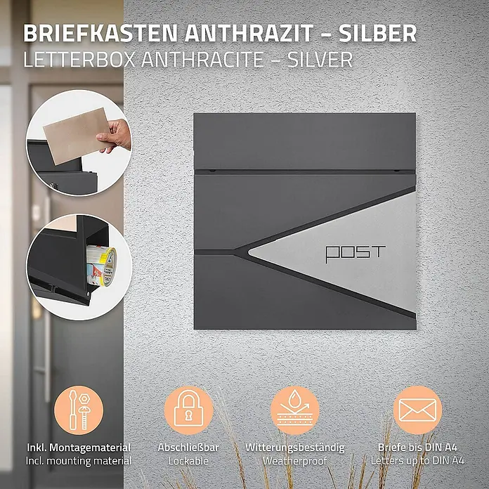 ML-Design Standbriefkasten Briefkastenanlage mit Ständer Silber 120cm Mailbox mit Pfosten - L x B x H: 19 x 42,5 x 120 cm, Anthrazit, Silber, Edelstahl - Anthrazit-silberner Briefkasten mit Montagematerial, abschließbar, wetterfest und geeignet für Briefe bis DIN A4.