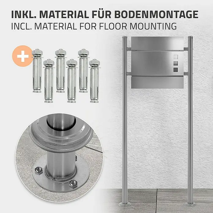 ML-Design Standbriefkasten Silber Höhe 120 cm Freistehend Halterung für Briefkasten - L x B x H: 9 x 55 x 120 cm, Silber, Edelstahl - Bild zeigt eine Mülltonne mit Bodenmontagematerial, inklusive Dübeln und einer Detailansicht der Befestigung.