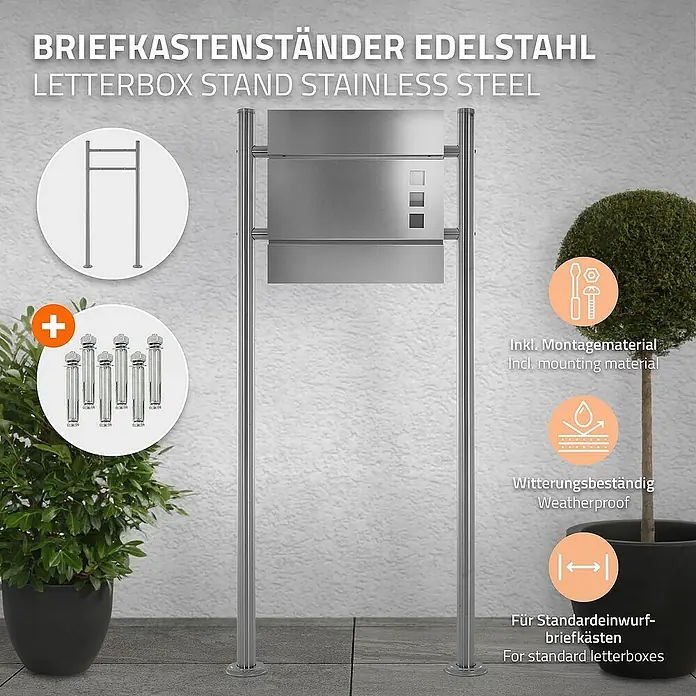 ML-Design Standbriefkasten Silber Höhe 120 cm Freistehend Halterung für Briefkasten - L x B x H: 9 x 55 x 120 cm, Silber, Edelstahl - Bild eines Briefkastenständers aus Edelstahl, der robust und wetterfest ist. Inklusive Montagematerial für Standardbriefkästen.