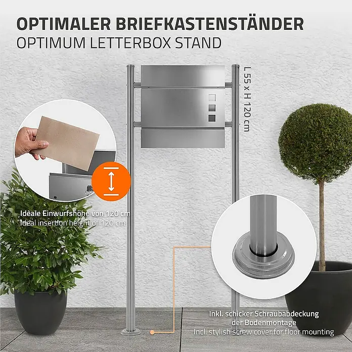 ML-Design Standbriefkasten Silber Höhe 120 cm Freistehend Halterung für Briefkasten - L x B x H: 9 x 55 x 120 cm, Silber, Edelstahl - Bild eines modernen Briefkastenständers aus Edelstahl mit einer Höhe von 120 cm, der sich ideal für den Außenbereich eignet.