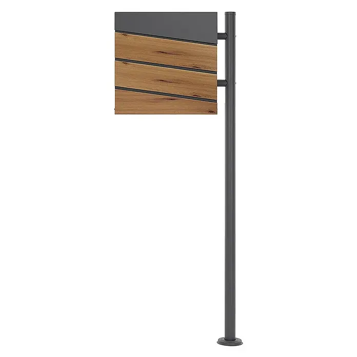 ML-Design Standbriefkasten Briefkastenanlage mit Ständer Anthrazit 120cm Mailbox mit Pfosten - L x B x H: 17 x 42,5 x 120 cm, Anthrazit, Braun, Edelstahl - Detailansicht eines modernen Briefkastens mit Holzverkleidung und einem grauen Stahlpfosten. Der Briefkasten bietet ein stilvolles Design.