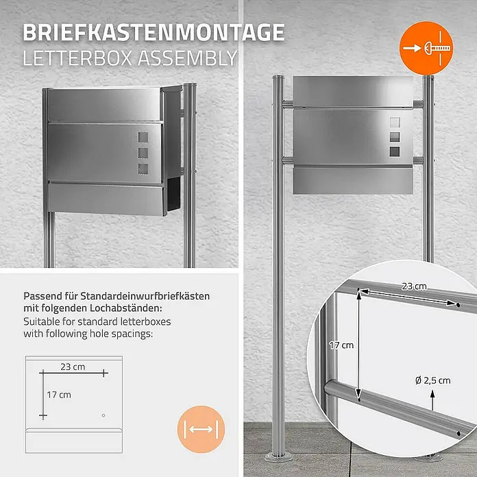 ML-Design Standbriefkasten Silber Höhe 120 cm Freistehend Halterung für Briefkasten - L x B x H: 9 x 55 x 120 cm, Silber, Edelstahl - Abbildung einer Briefkastenmontage mit den Maßen 23 cm und 17 cm für Standardbriefkästen mit den entsprechenden Lochabständen.