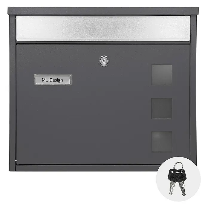 ML-Design Standbriefkasten Briefkastenanlage mit Ständer Silber 120cm Mailbox mit Pfosten - L x B x H: 18 x 42,5 x 120 cm, Anthrazit, Silber, Edelstahl - Bild einer modernen anthrazitfarbenen ML-Design Briefkasten mit drei quadratischen Sichtfenstern und Schlüssel.