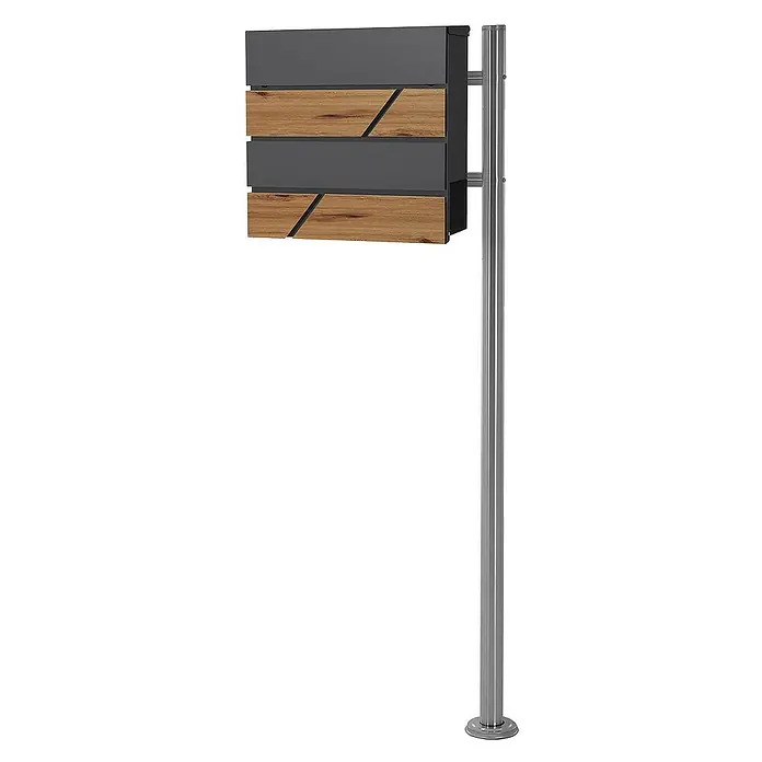 ML-Design Standbriefkasten Briefkastenanlage mit Ständer Silber 120cm Mailbox mit Pfosten - L x B x H: 17 x 42,5 x 120 cm, Anthrazit, Braun, Silber, Edelstahl - Moderner Briefkasten auf einem Ständer, mit grauem und holzfarbenem Design, das ein elegantes und stilvolles Erscheinungsbild bietet.