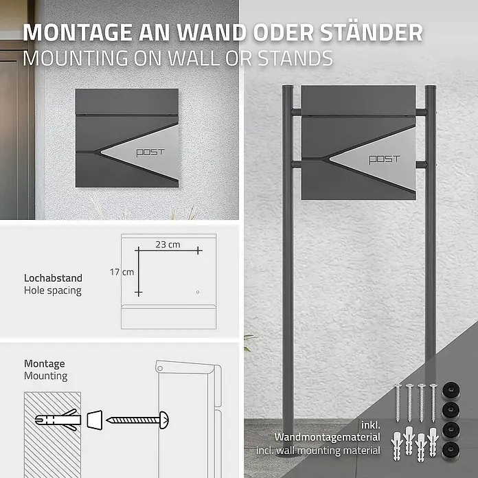 ML-Design Standbriefkasten Briefkastenanlage mit Ständer Anthrazit 120cm Mailbox mit Pfosten - L x B x H: 17 x 55 x 120 cm, Anthrazit, Silber, Edelstahl - Abbildung eines Briefkastens zur Wand- oder Ständermontage mit Maßangaben und Montageanleitung.