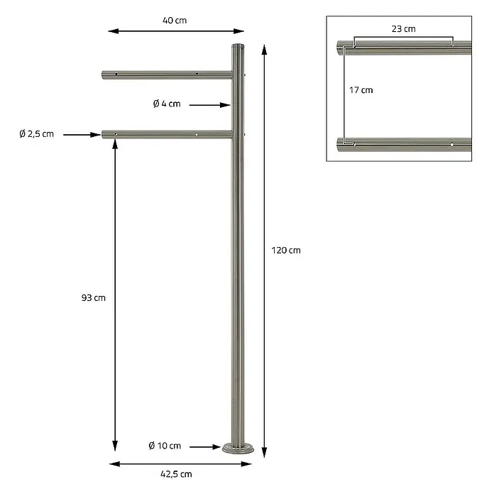 ML-Design Standbriefkasten Briefkastenanlage mit Ständer Silber 120cm Mailbox mit Pfosten - L x B x H: 17 x 42,5 x 120 cm, Anthrazit, Braun, Silber, Edelstahl - Eine schematische Darstellung eines freistehenden Handtuchhalters mit Maßangaben und Detailansicht.