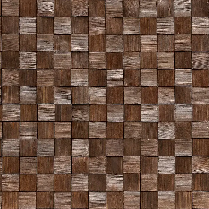 Wandpaneel Quadro I - Kiefer, 380 x 380 mm, Stärke: 11 mm - 13 mm, 0,58 m² - Nahaufnahme eines Hintergrunds aus kleinen, quadratischen Holzstücken in verschiedenen Brauntönen, die ein geometrisches Muster bilden.